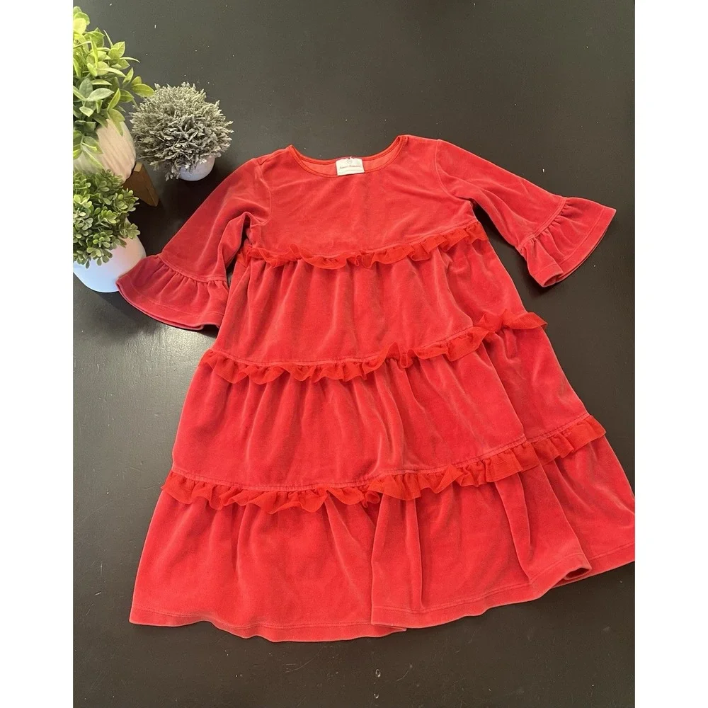 Hanna Andersson Red Velvet Ruffle Holiday Dress Sz 120 6/7 Bell Sleeve Christmas